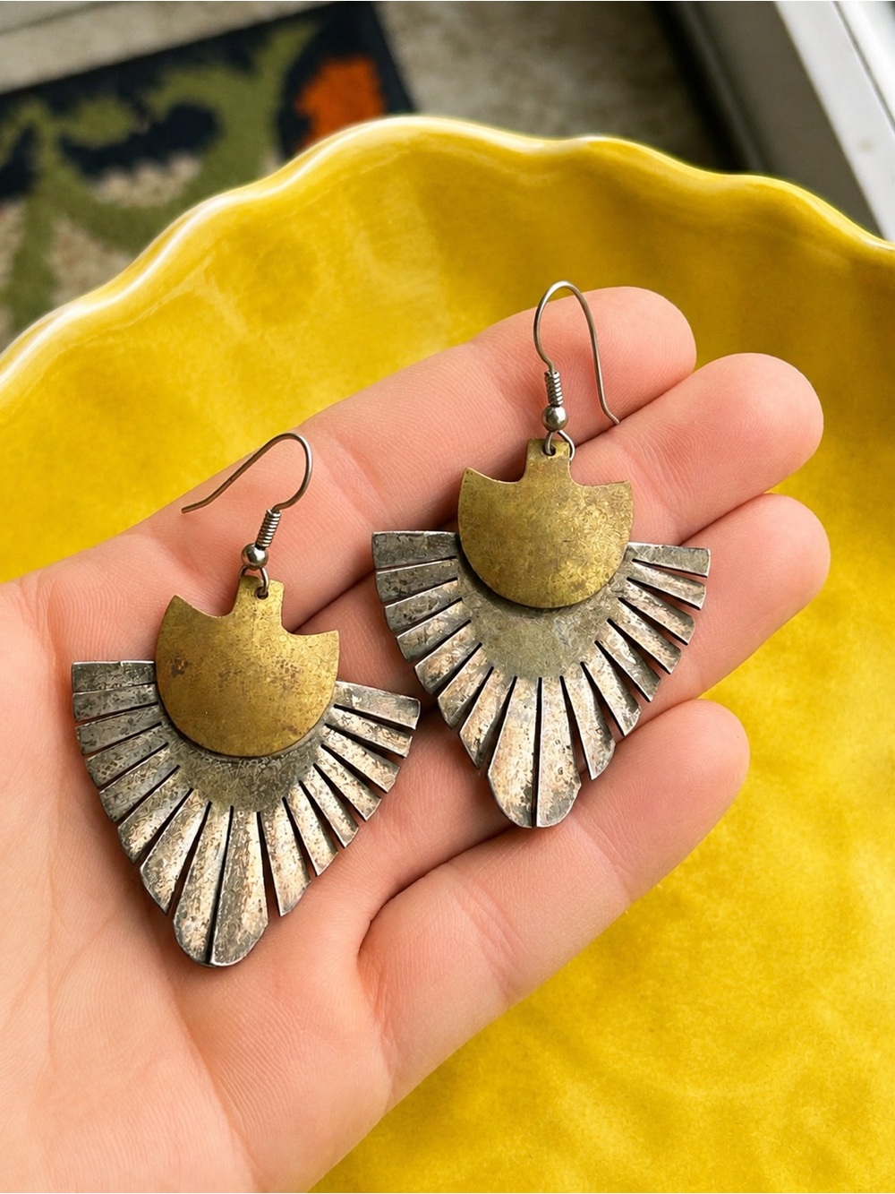 Vintage Mexico 925 Sterling Silver Brass Fan Dangle Earrings TL-70 Artisan